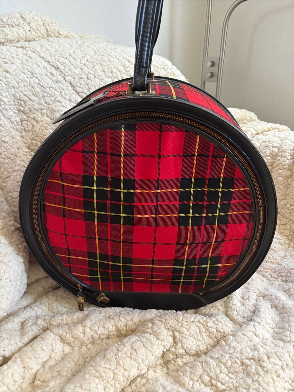 Vintage Round Red Tartan Plaid Hat Box